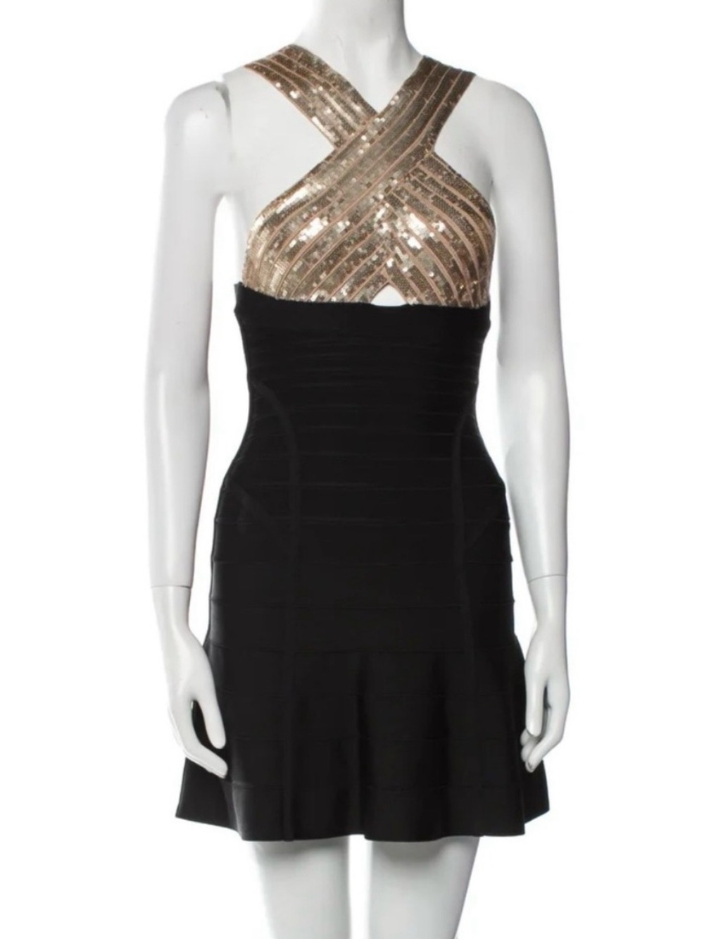 Herve Leger Black and Gold Asymmetrical Sequin Fit & Flare Dress - Picture 8 of 9